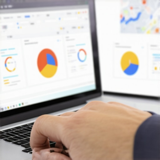 Person analyzing local SEO data on a laptop with maps and charts