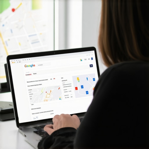 Person updating Google My Business profile on a laptop with local SEO charts