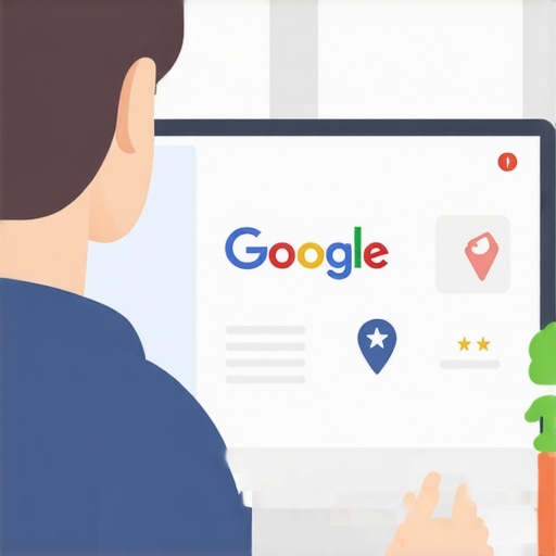 Business owner optimizing Google My Business profile on a laptop with maps and reviews icons