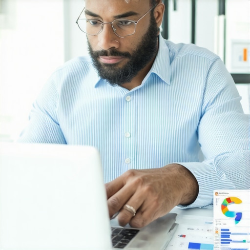 Business owner updating Google My Business profile on laptop with charts