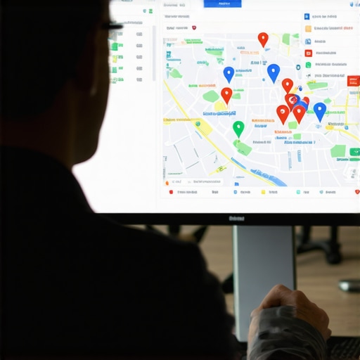 Business professional reviewing Google My Business analytics on a digital screen.
