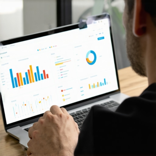 Analyzing Local SEO Data with Advanced Tools A marketer reviewing local SEO analytics on a laptop, surrounded by charts and stats.