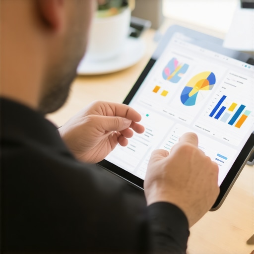 Business owner reviewing local SEO performance on a tablet with charts and maps.