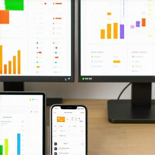 Desk with monitors and devices displaying local SEO analytics and tools for GMB management.