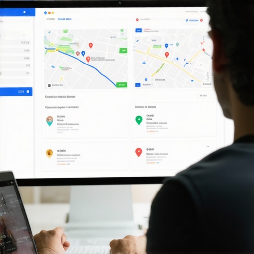 Digital marketer reviewing local SEO dashboard with Google maps rankings.