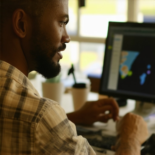 Business owner analyzing local SEO metrics on a laptop with Google Maps in background.