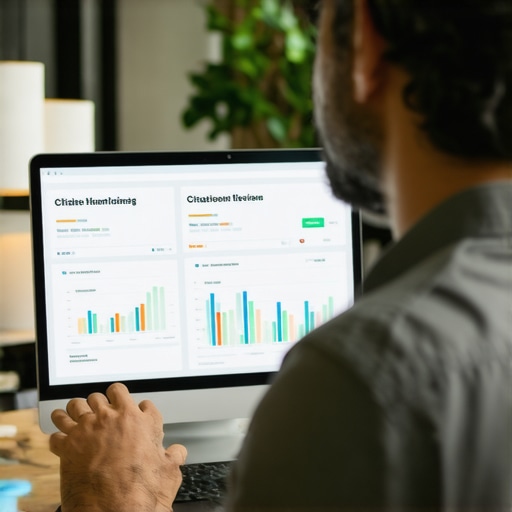 Effective Local SEO Toolset for Long-Term Success Person analyzing local SEO performance metrics using advanced tools on a laptop in an office.