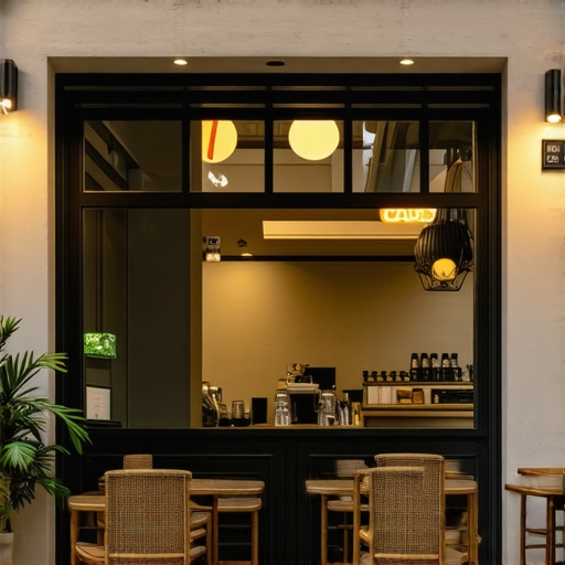 Exterior view of a stylish cafe with outdoor tables and busy customer area