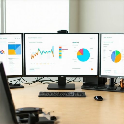 A workspace setup showing SEO dashboards on screens for local business rankings