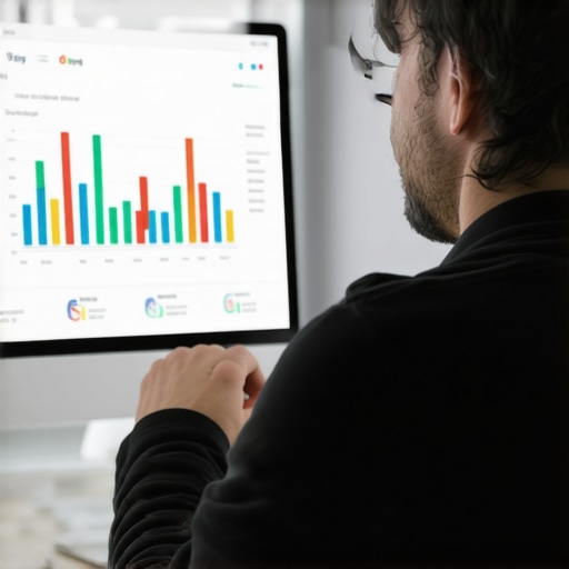 Business owner optimizing Google My Business listing on laptop with analytics behind.