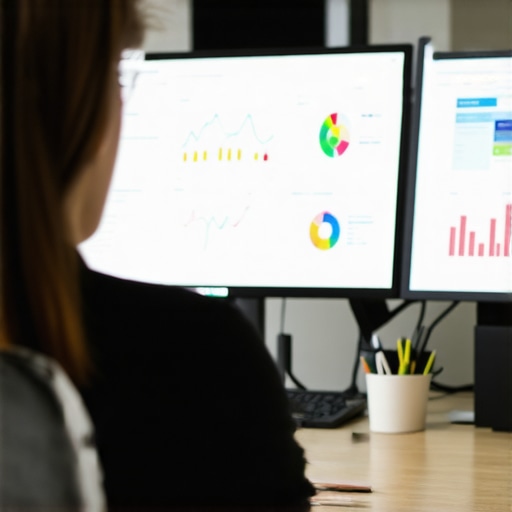 Analyzing Local SEO Data with Ranking Tools A digital marketing professional reviewing local SEO metrics on multiple screens in an office.