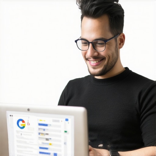 Business owner updating Google My Business profile on laptop with support icons.