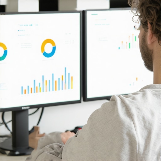 Person using SEO tools on computer monitors showing maps and analytics