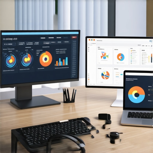 A professional workspace with monitors displaying SEO ranking charts and citation analytics.
