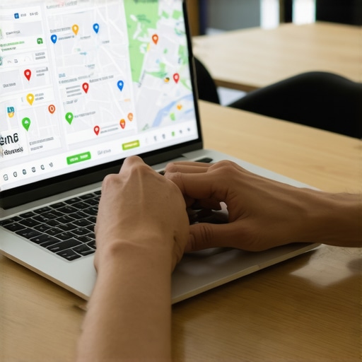 Person working on Google My Business profile with charts and maps displayed on a laptop screen.